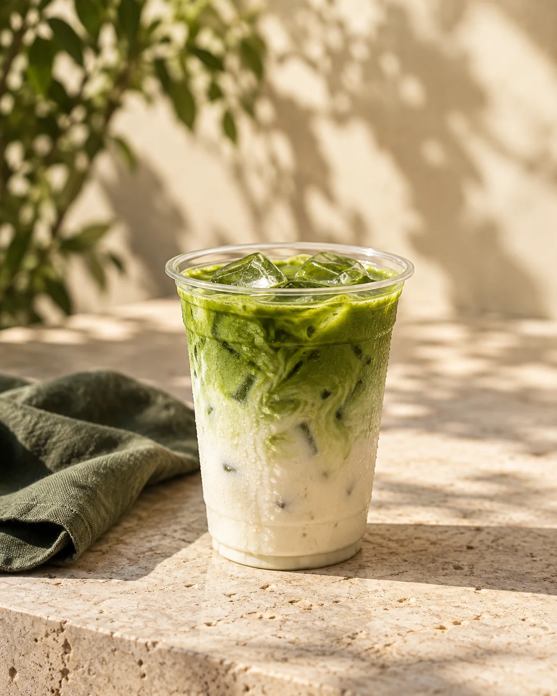Illustrative iced matcha with softly swirled milk in a clear takeaway cup